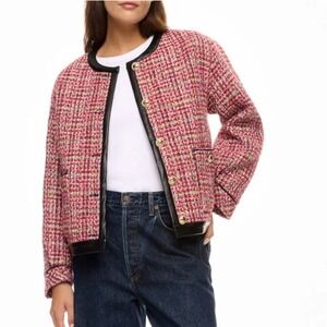 ENGLISH FACTORY Faux Leather Trim Tweed Jacket Red Blazer Gold Buttons Sz M